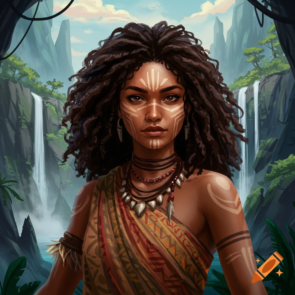 A woman with face paint and jewelry is in a jungle with waterfalls.