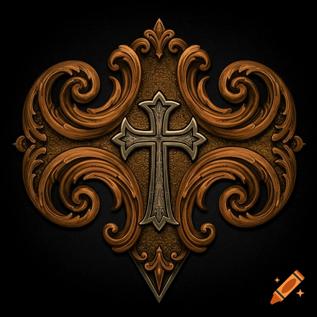 A decorative cross surrounded by ornate scrolls on a black background.
