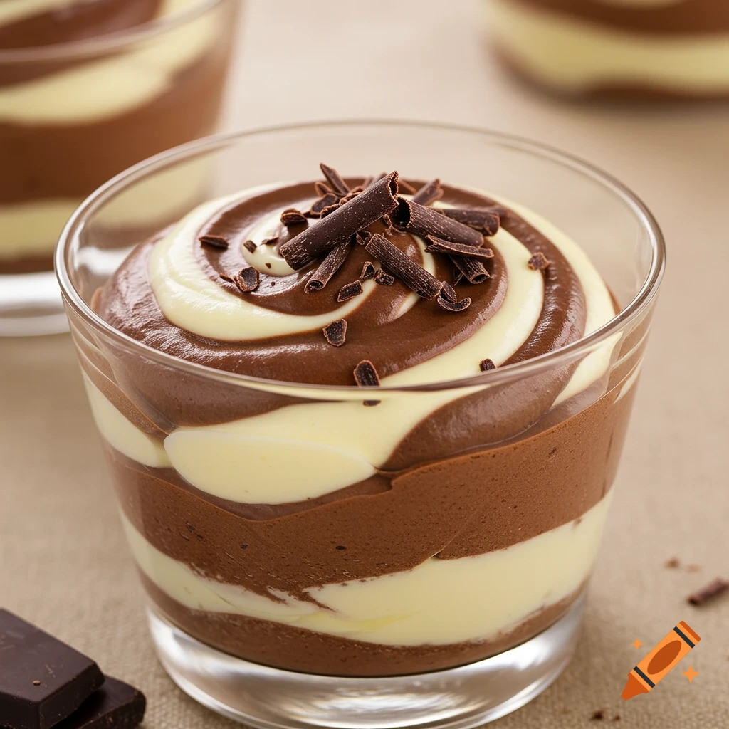 Glass of layered chocolate and vanilla mousse topped with chocolate shavings