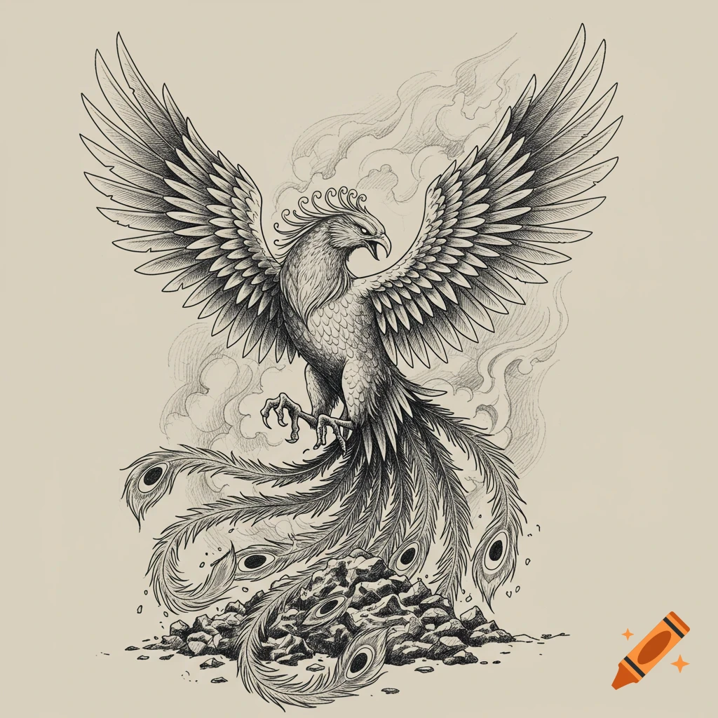 Black and white sketch of a phoenix rising from ashes with wings spread.