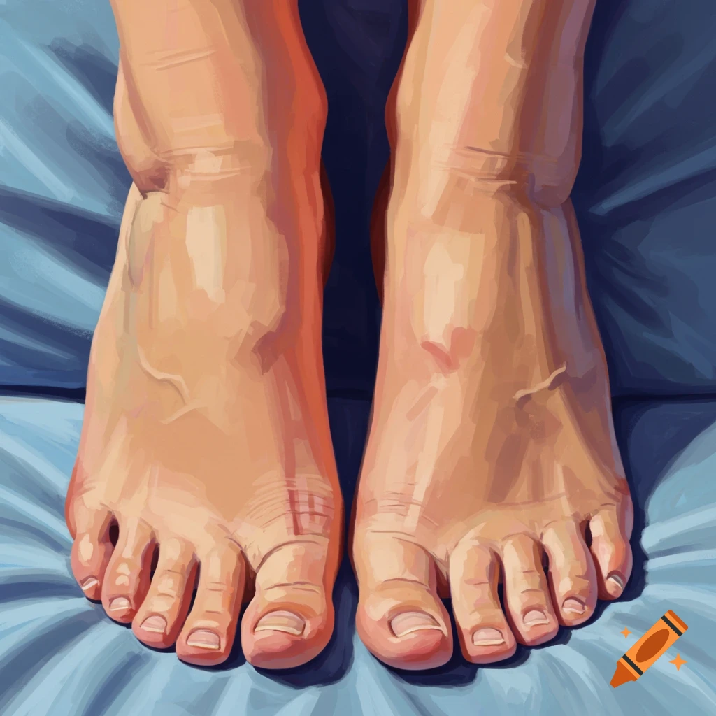 Two bare feet are on a blue surface.