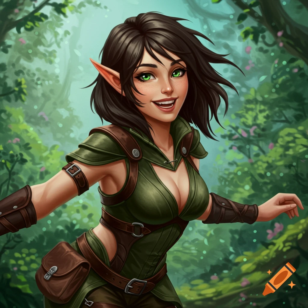 A happy fantasy elf woman in green and brown armor stands in a forest.