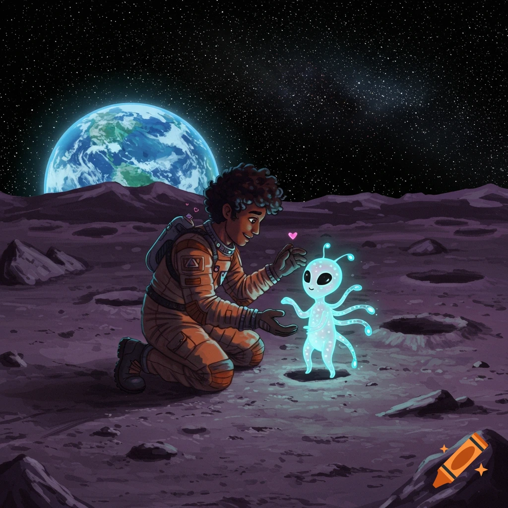 An astronaut kneels on the moon next to a small glowing alien, with Earth visible in the background.
