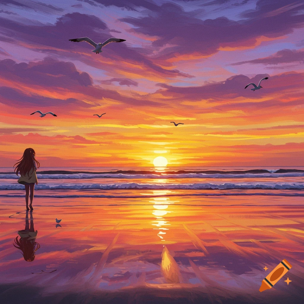 A figure stands on a beach watching a vibrant sunset with seagulls flying above.