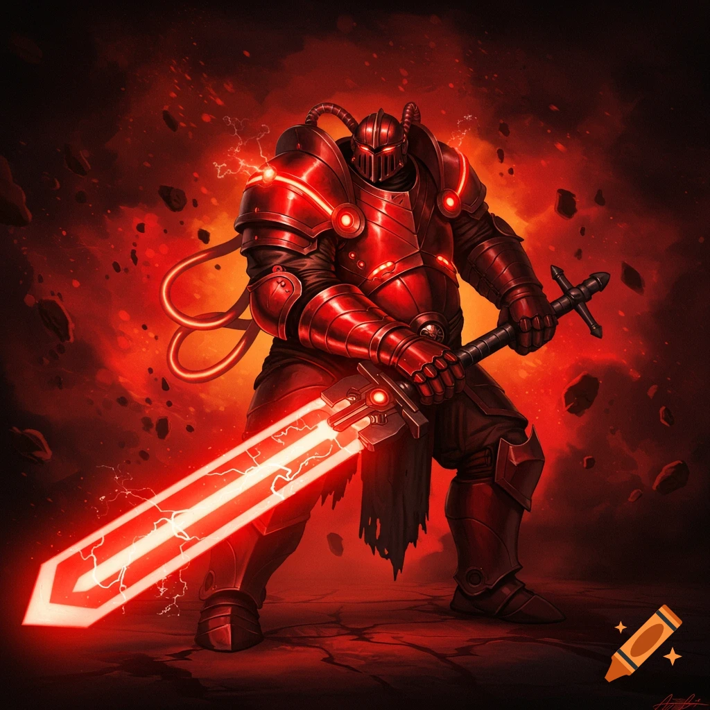 A bulky red sci-fi knight wielding a glowing energy greatsword against a fiery background.