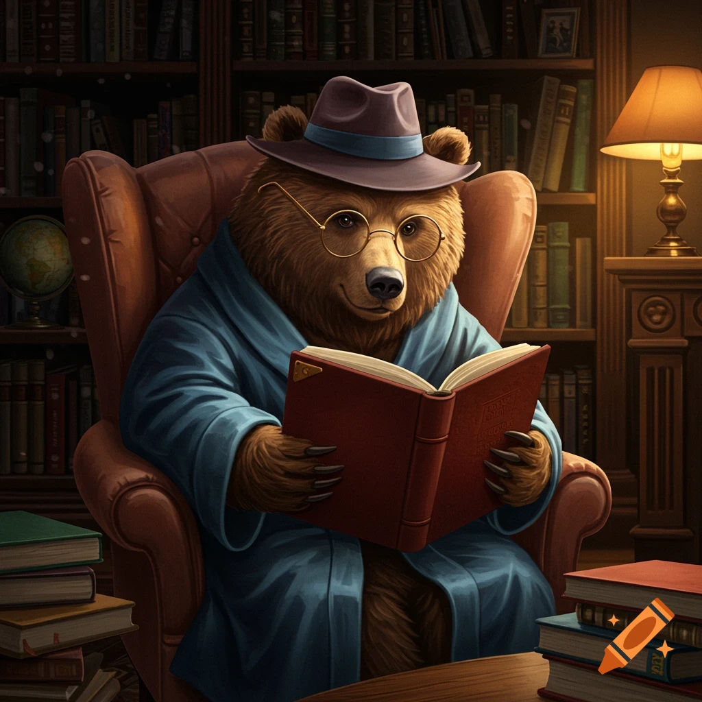 An anthropomorphic bear wearing a hat, glasses, and robe, reading a book in a library.