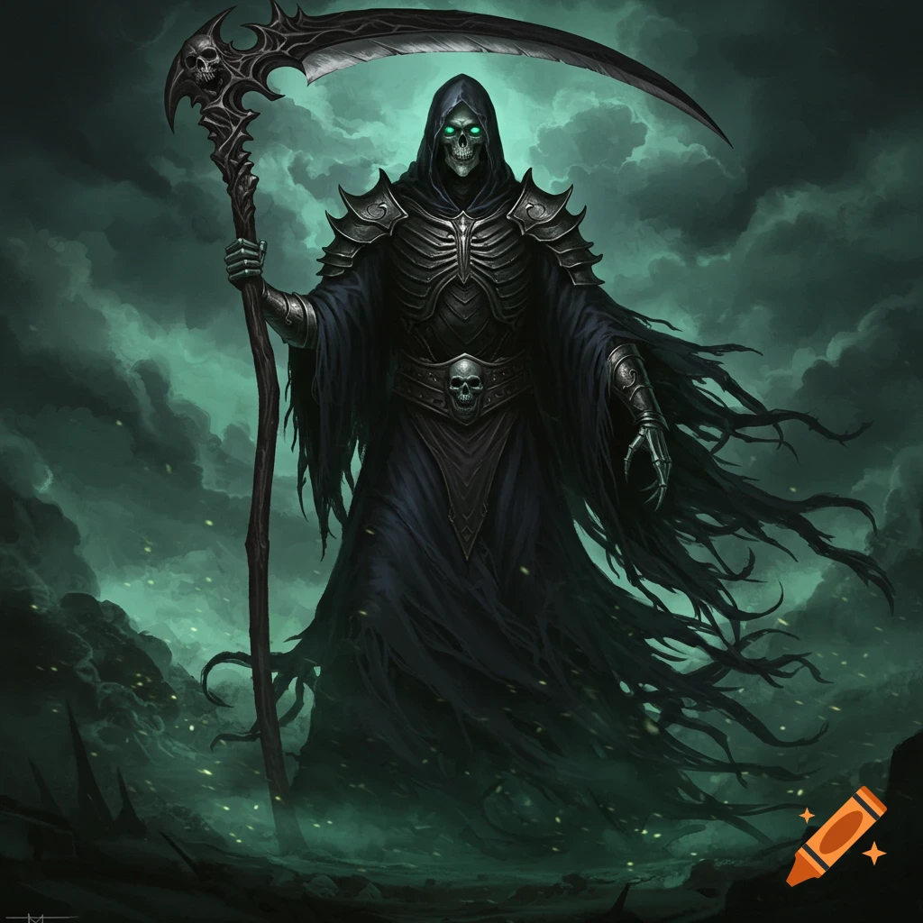 A figure with glowing green eyes holds a scythe in a dark, misty landscape.