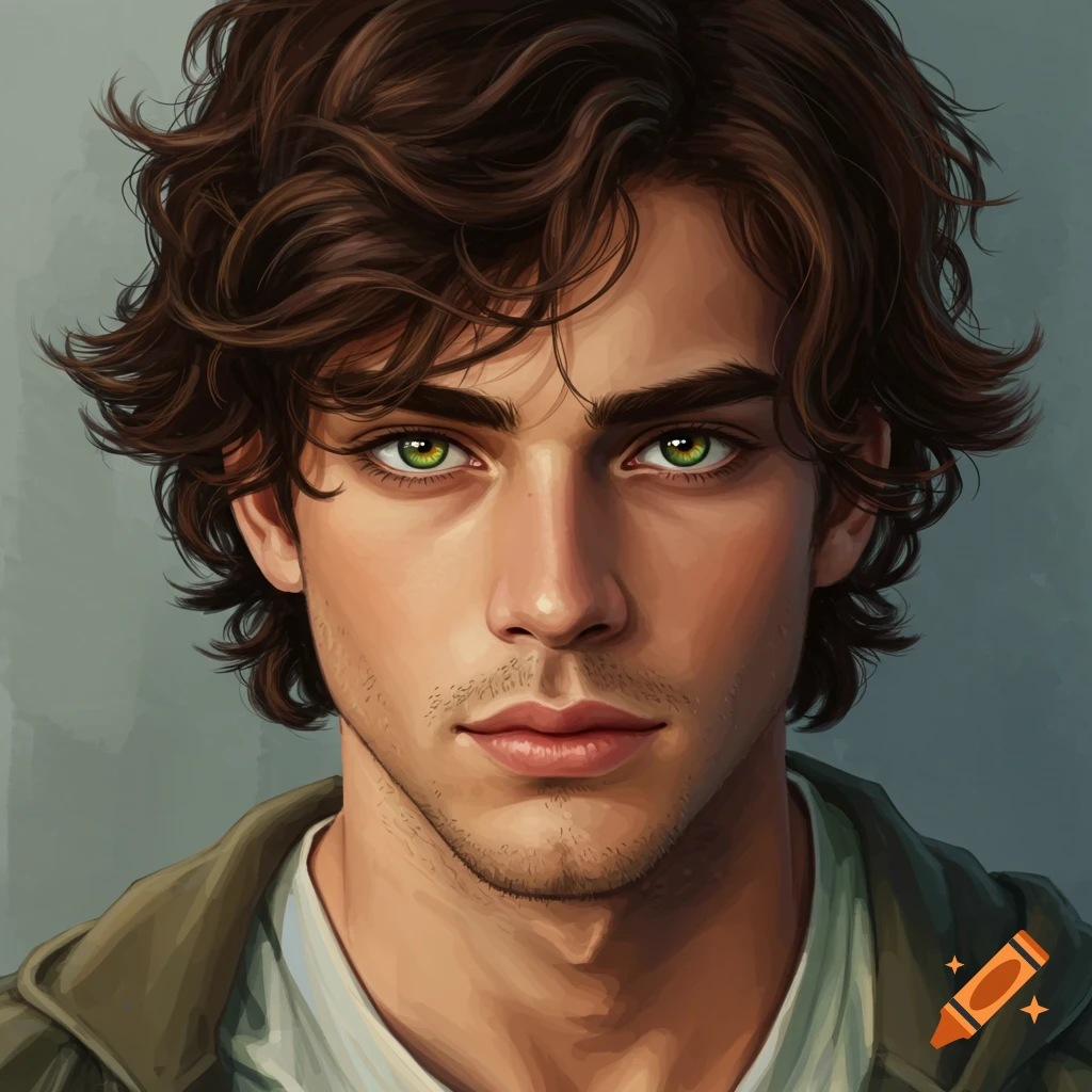 A handsome young man with green eyes and brown hair.