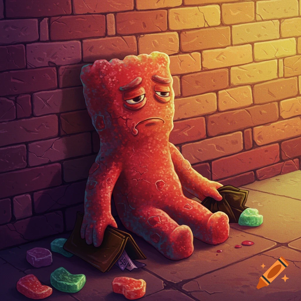 A sad red Sour Patch Kid sits against a brick wall with empty wallets and candy.