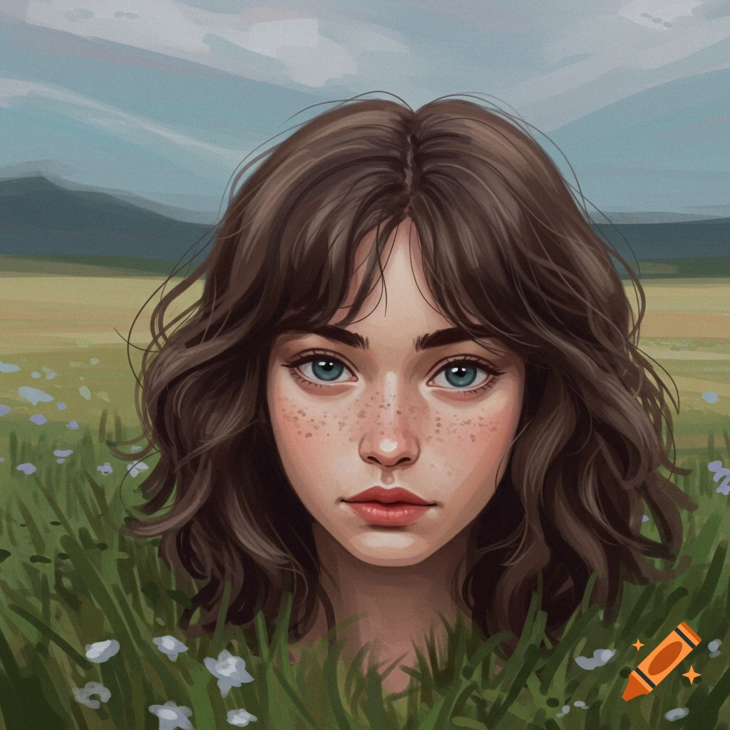 Portrait of a young woman with freckles in a grassy field under a cloudy sky.