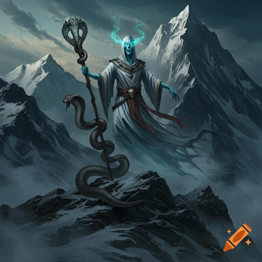 A ghostly sorcerer stands on a mountain peak, holding a staff with a snake wrapped around it.