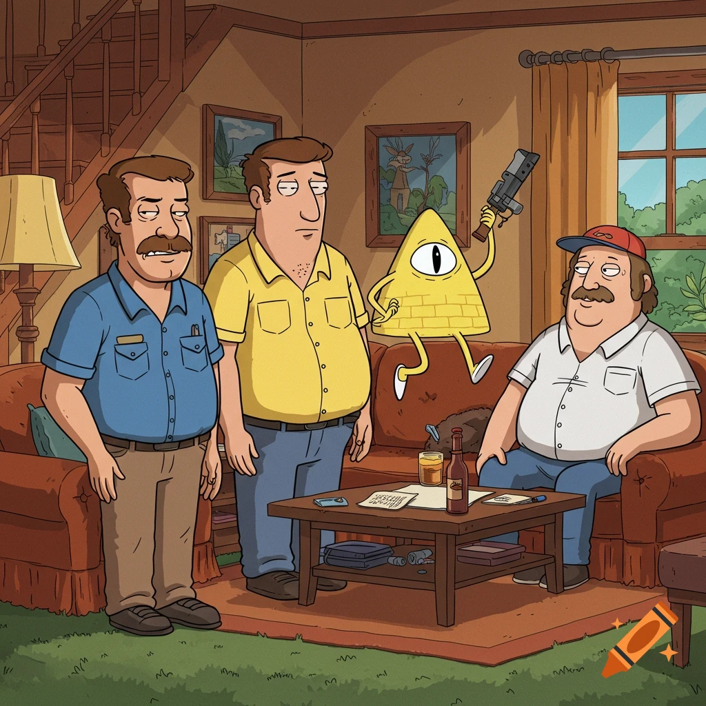 Four cartoon characters, including a yellow triangle with an eye, stand in a living room. They are drawn in a 2D animation style.