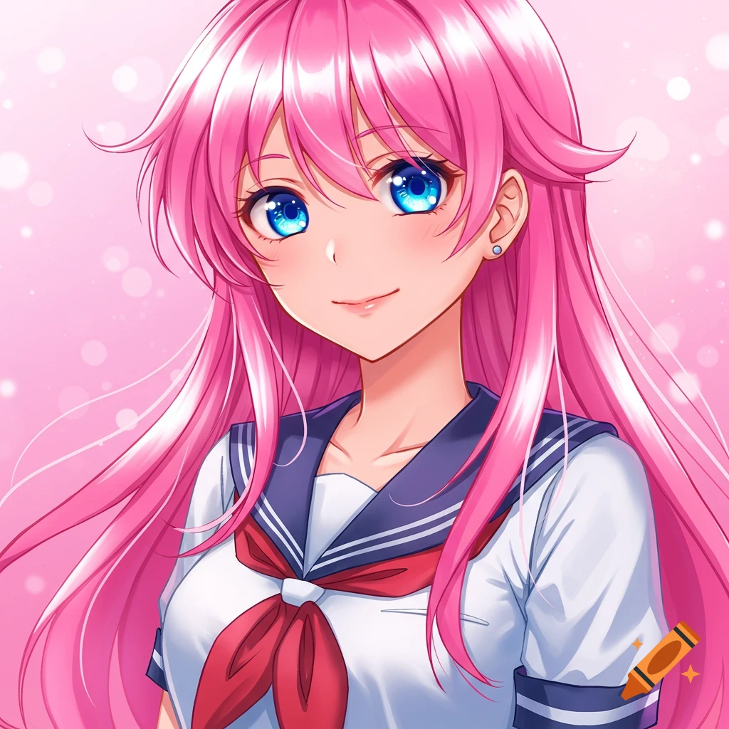 Anime portrait of a girl with pink hair and blue eyes wearing a school uniform.