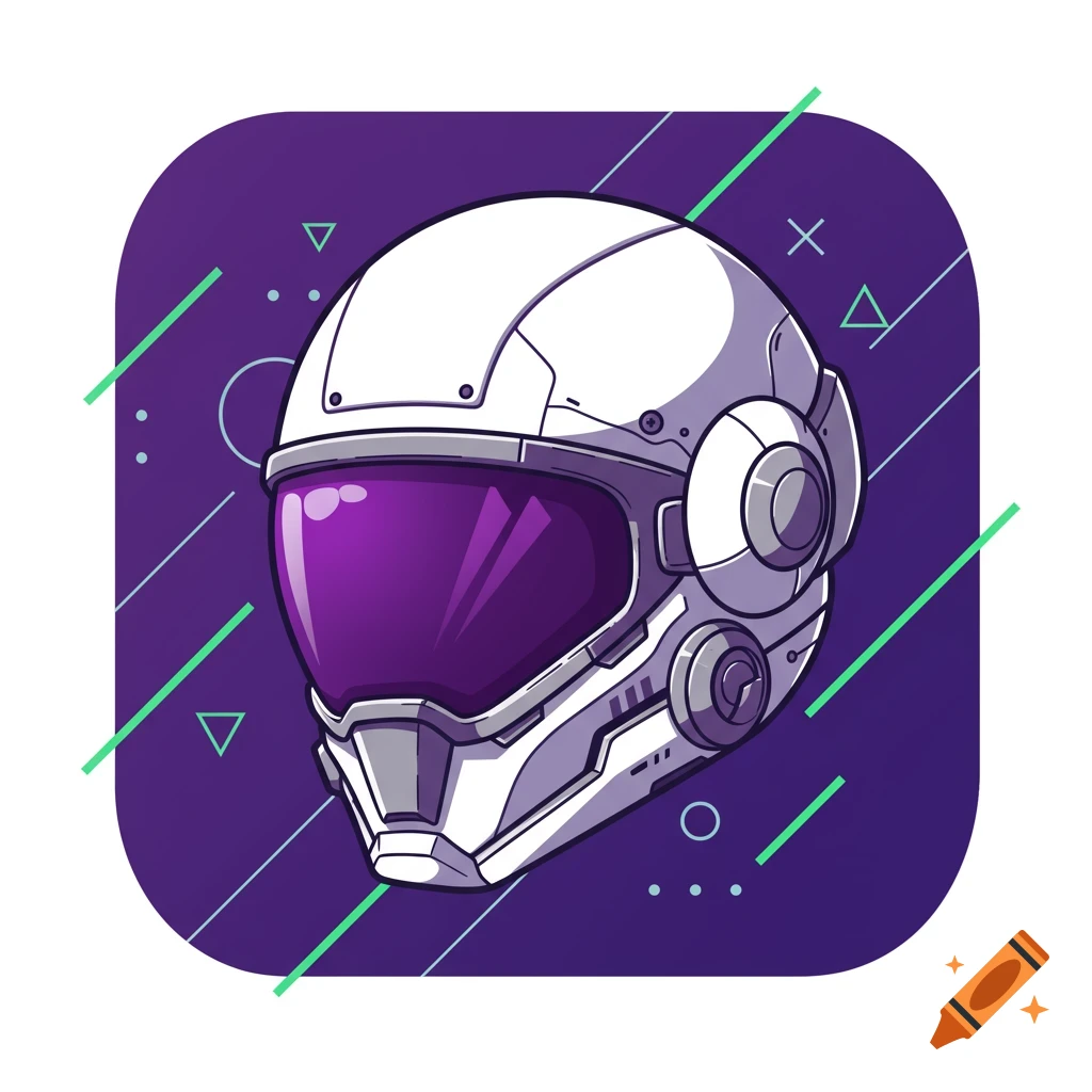 Vector illustration of a white space helmet with purple visor and geometric background.