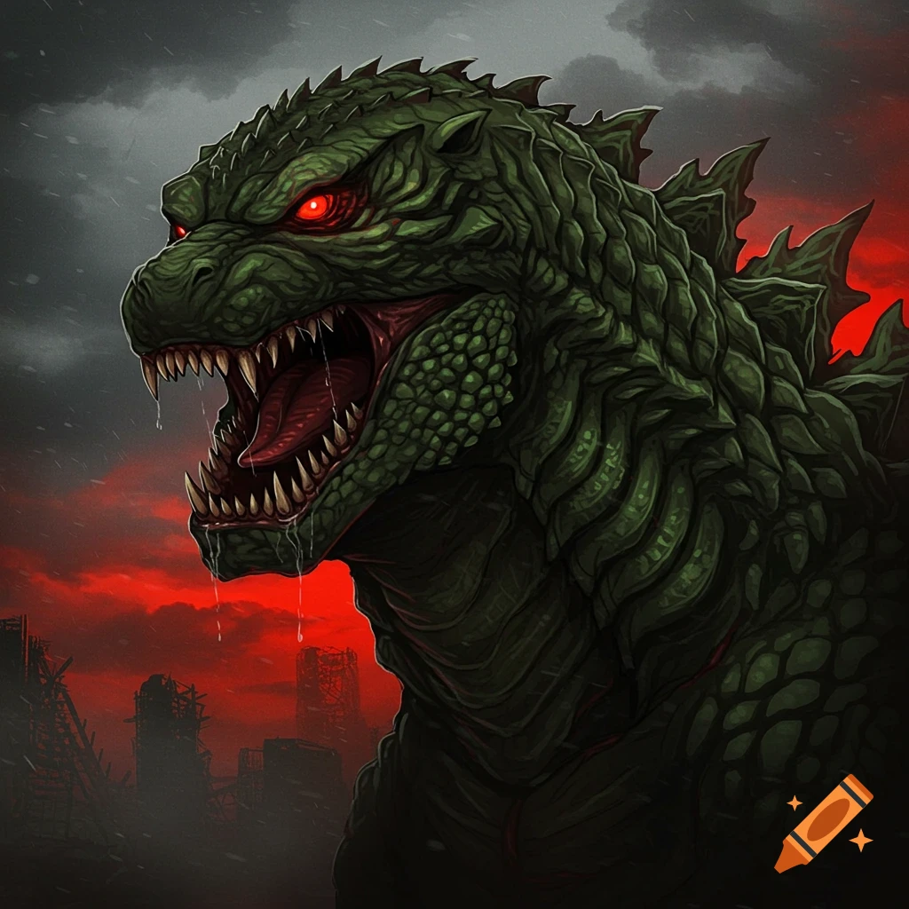 Godzilla roaring, with red eyes and sharp teeth, against a red stormy sky over a destroyed city.