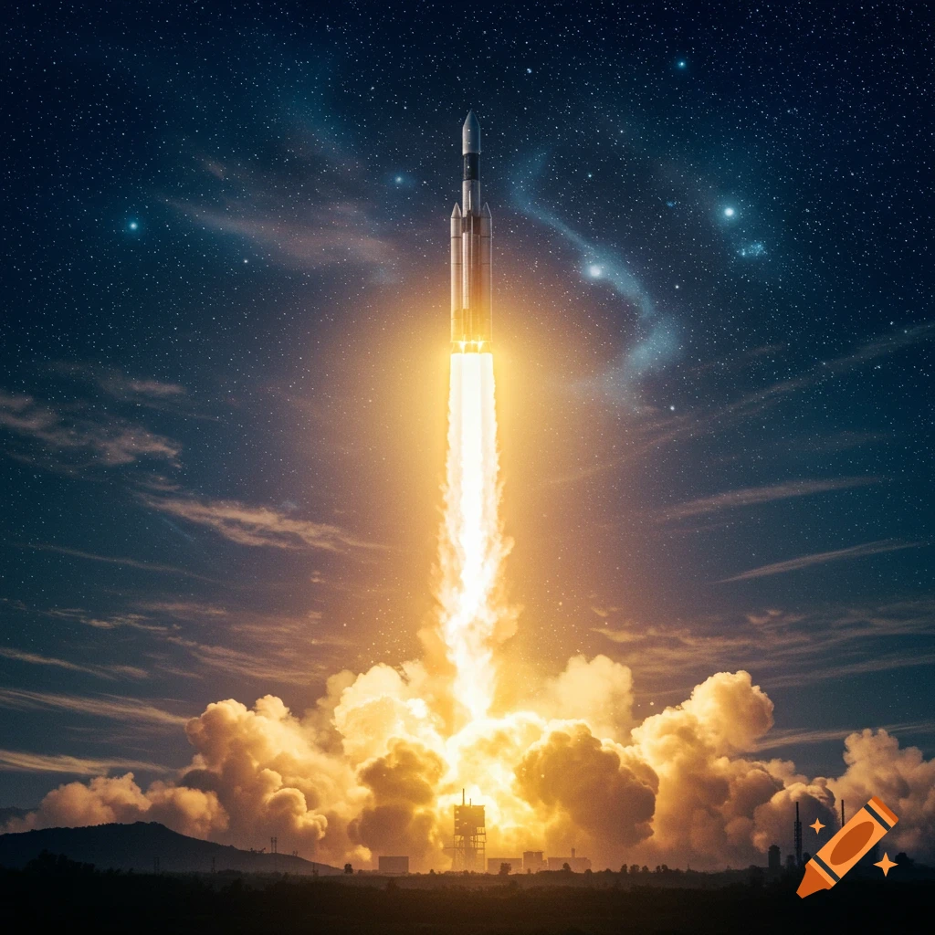 A large rocket launches at night under a starry sky with bright flames and smoke plumes.