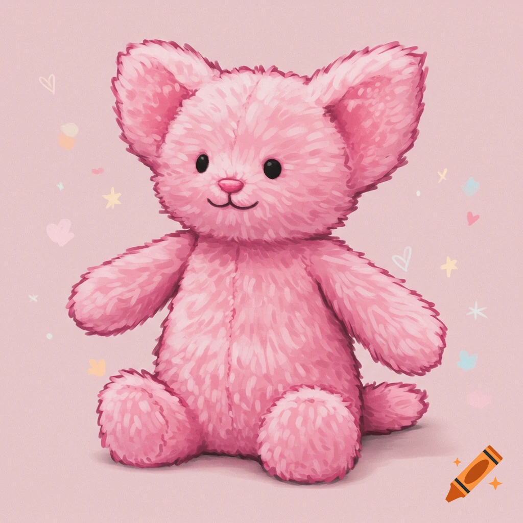 A pink stuffed animal sits on a pink background with floating hearts and stars.