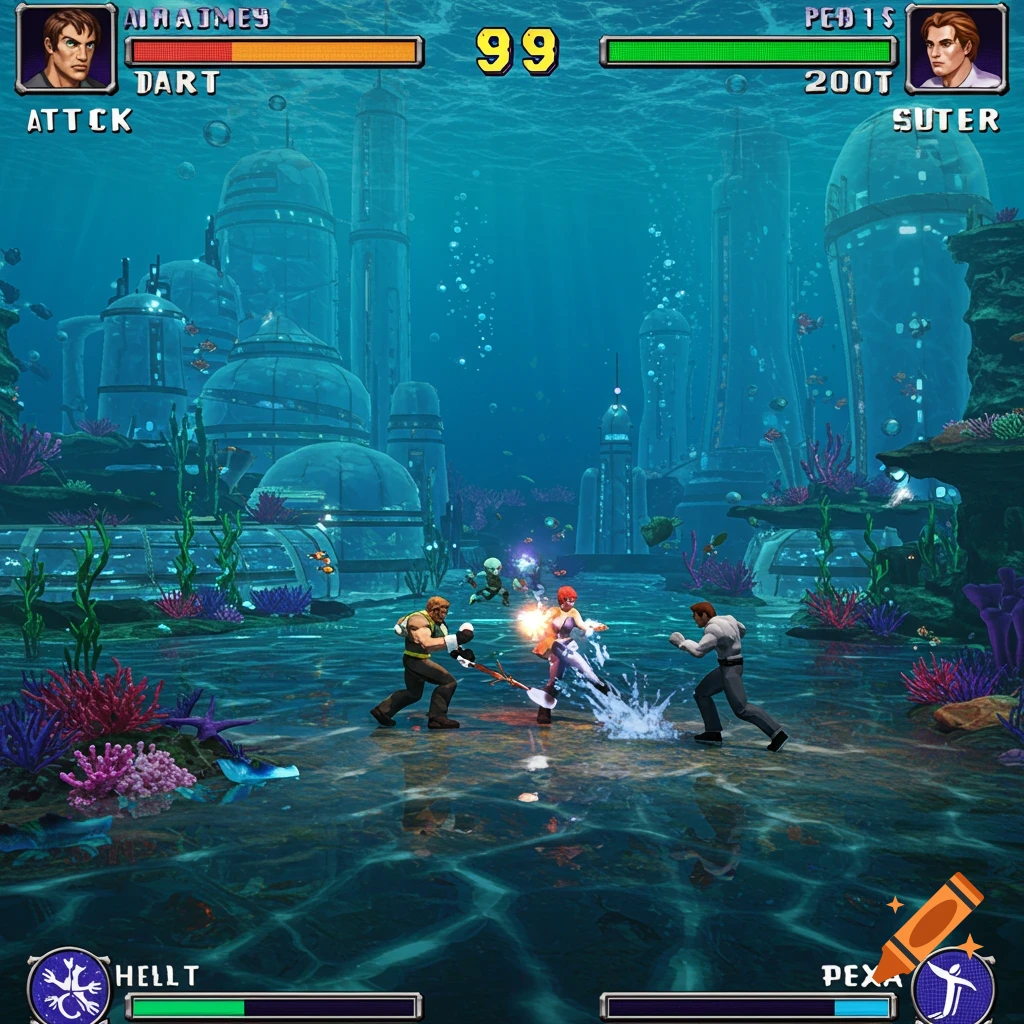 Fighting game scene underwater with two characters and UI