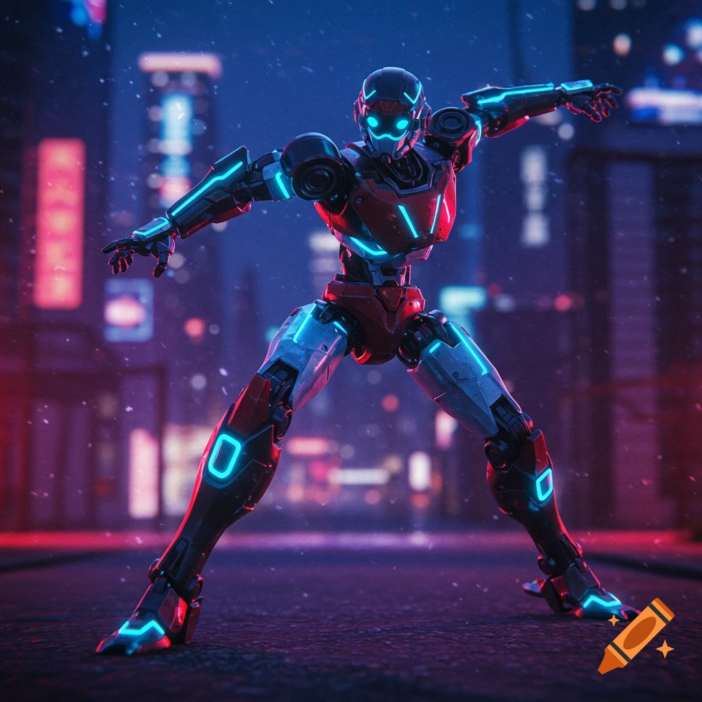 A sleek red and black robot stands in a futuristic city street at night, lit by neon lights.