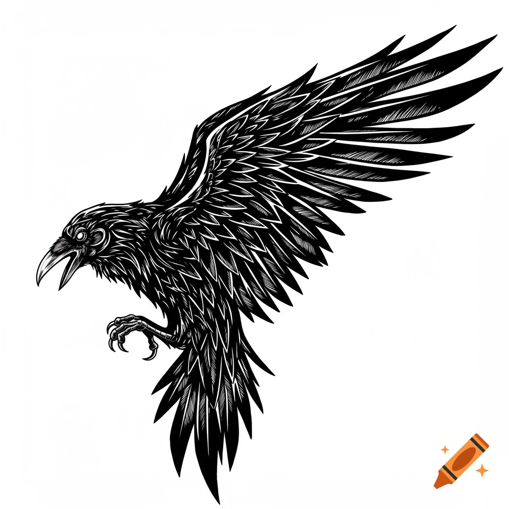 A black and white line drawing of a tribal-style raven in flight.
