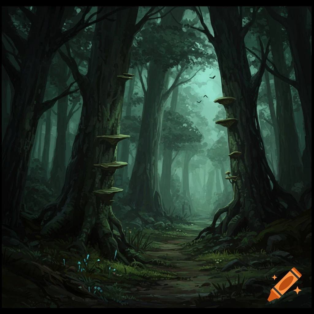 A dark forest path with large trees and mushrooms.