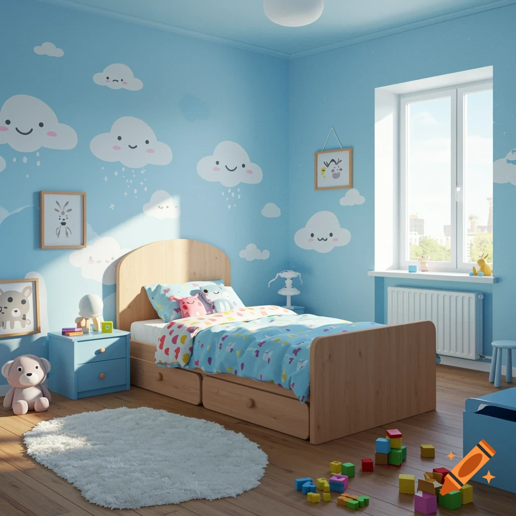 A brightly lit blue kids' bedroom with a cloud mural, wooden bed, white rug, toys, and sun streaming through a window.
