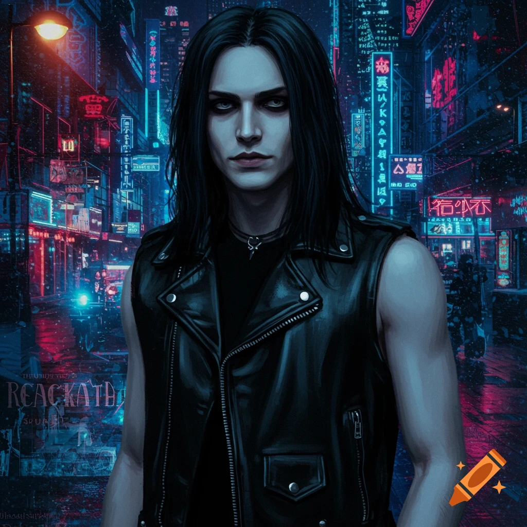 A person with long black hair and a leather vest stands on a neon-lit city street.