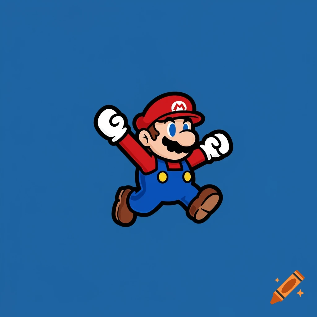Cartoon Super Mario jumping against a blue background in a retro style
