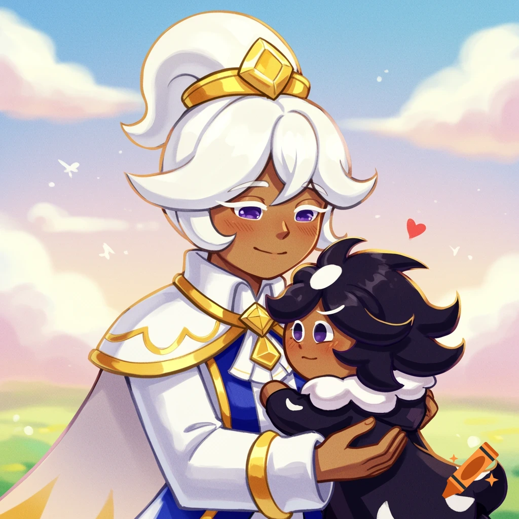 Pure Vanilla Cookie is hugging Baby Shadow Milk Cookie in a field under a pastel sky.