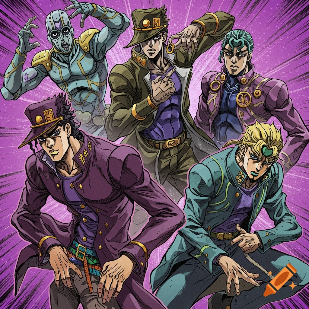 Five characters from JoJo's Bizarre Adventure posing against a purple background.