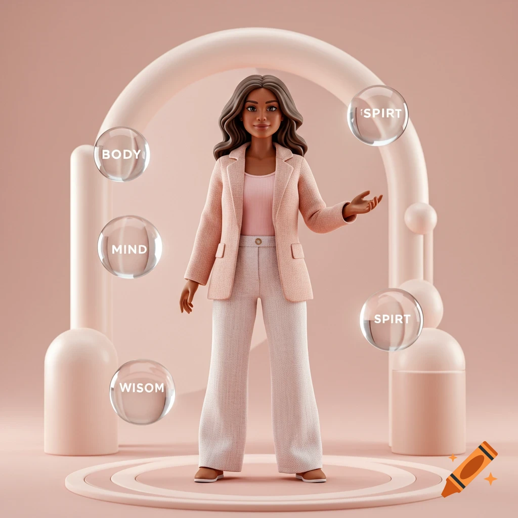 A 3D rendered figure of a woman in a pink blazer with floating orbs labeled BODY, MIND, WISOM, and SPIRT.