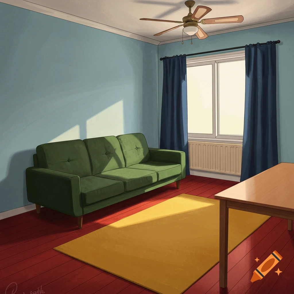 A living room with a green sofa, yellow rug, red floor, blue walls, and window with blue curtains.