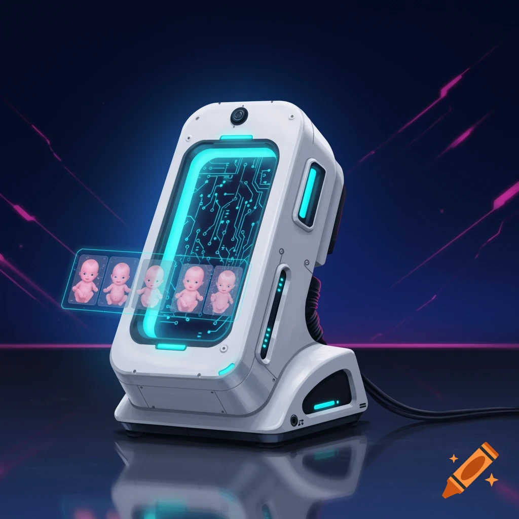 A futuristic AI baby generator displaying stylized babies.