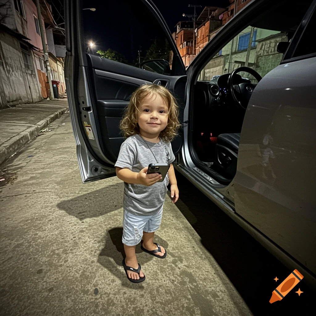 Young child with phone standing by open car door on a street at night.