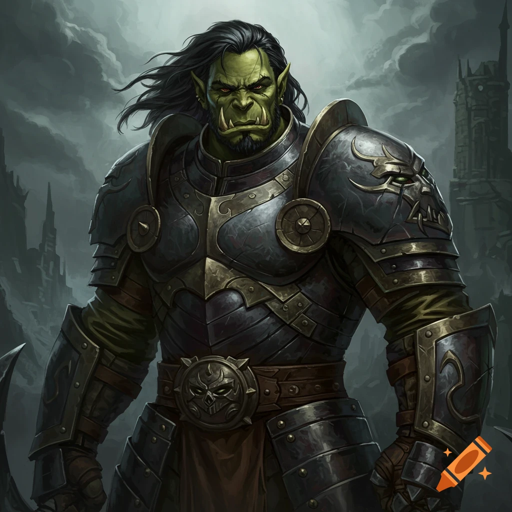 An orc champion in elaborate plate armor stands against a dark fantasy background.