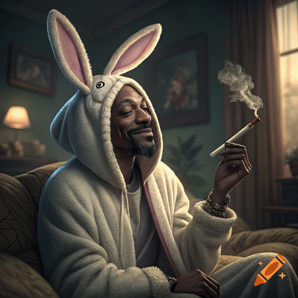 Snoop Dogg in a bunny suit sits on a couch smoking a blunt.