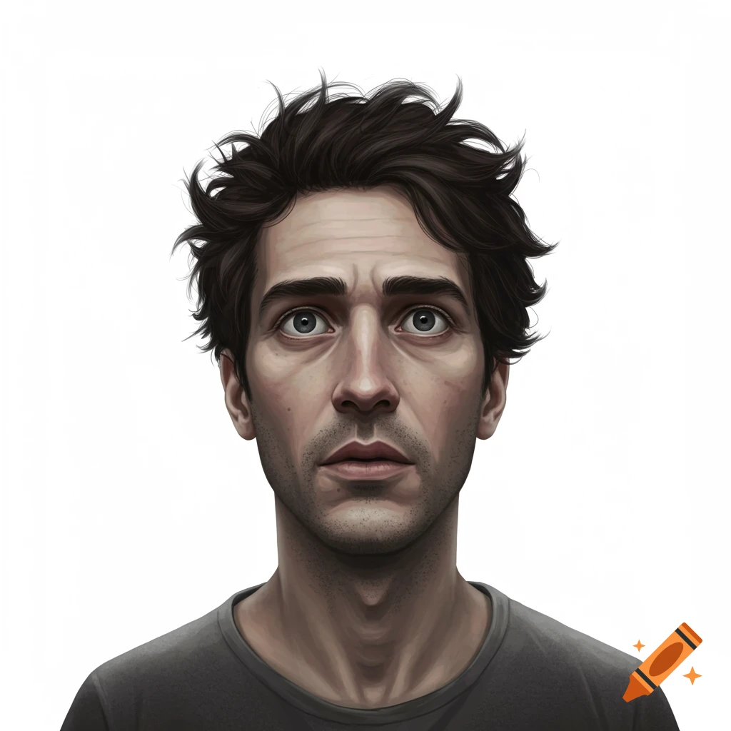 Portrait of a man with messy brown hair and wide eyes staring upwards.