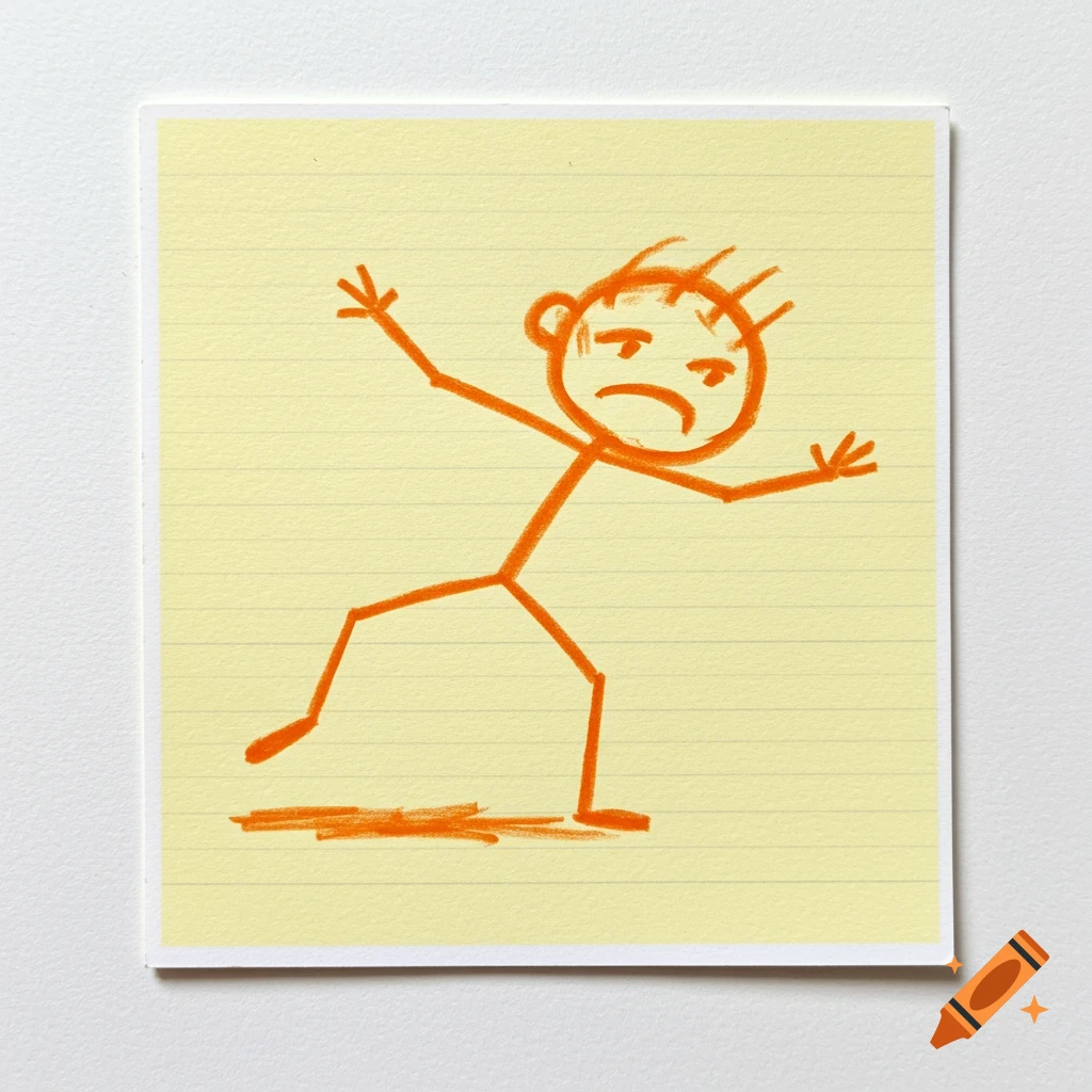 An orange stick figure drawing on yellow lined paper looks sad, with arms outstretched.