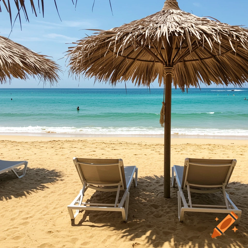 Photorealistic image of a sunny beach with lounge chairs, umbrellas, and people swimming in the ocean.