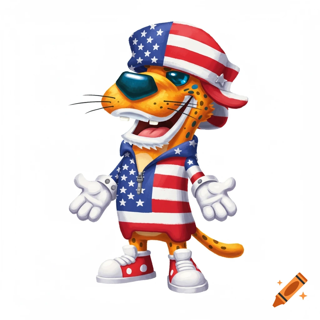 Cartoon cheetah character wearing a USA flag patterned hat and jacket