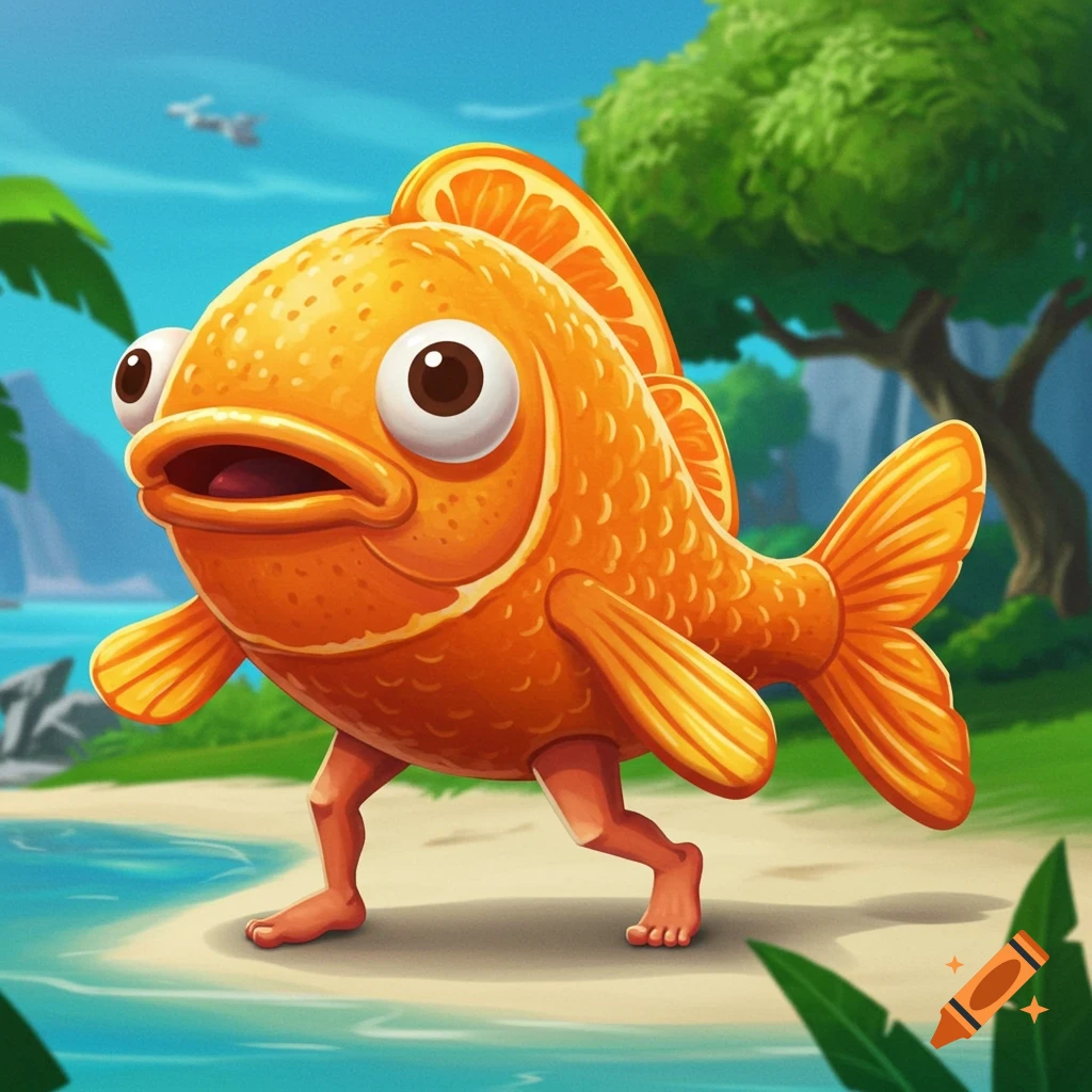 Cartoon orange fish with human feet walking on a sandy beach.