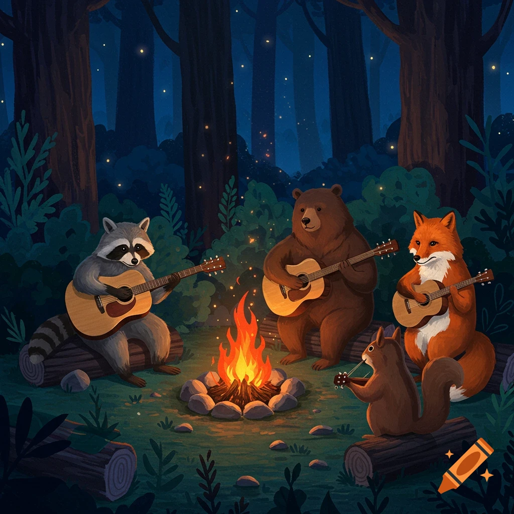 A raccoon, bear, fox, and squirrel playing guitars around a campfire in a forest at night.