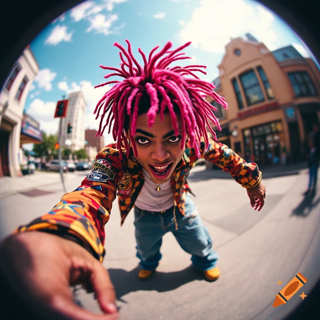 Person with pink dreadlocks and colorful jacket takes a fisheye selfie on a street.