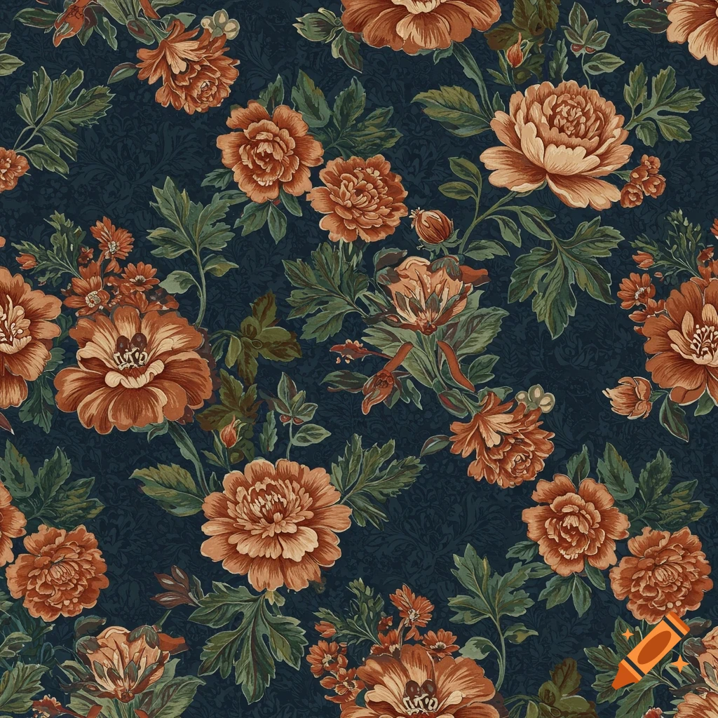 Seamless floral botanical pattern with orange flowers and green leaves on a dark blue background.