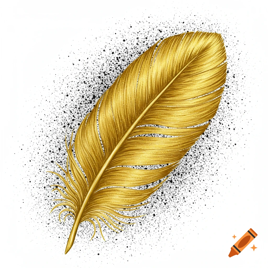 A golden feather with black splatter on a white background.