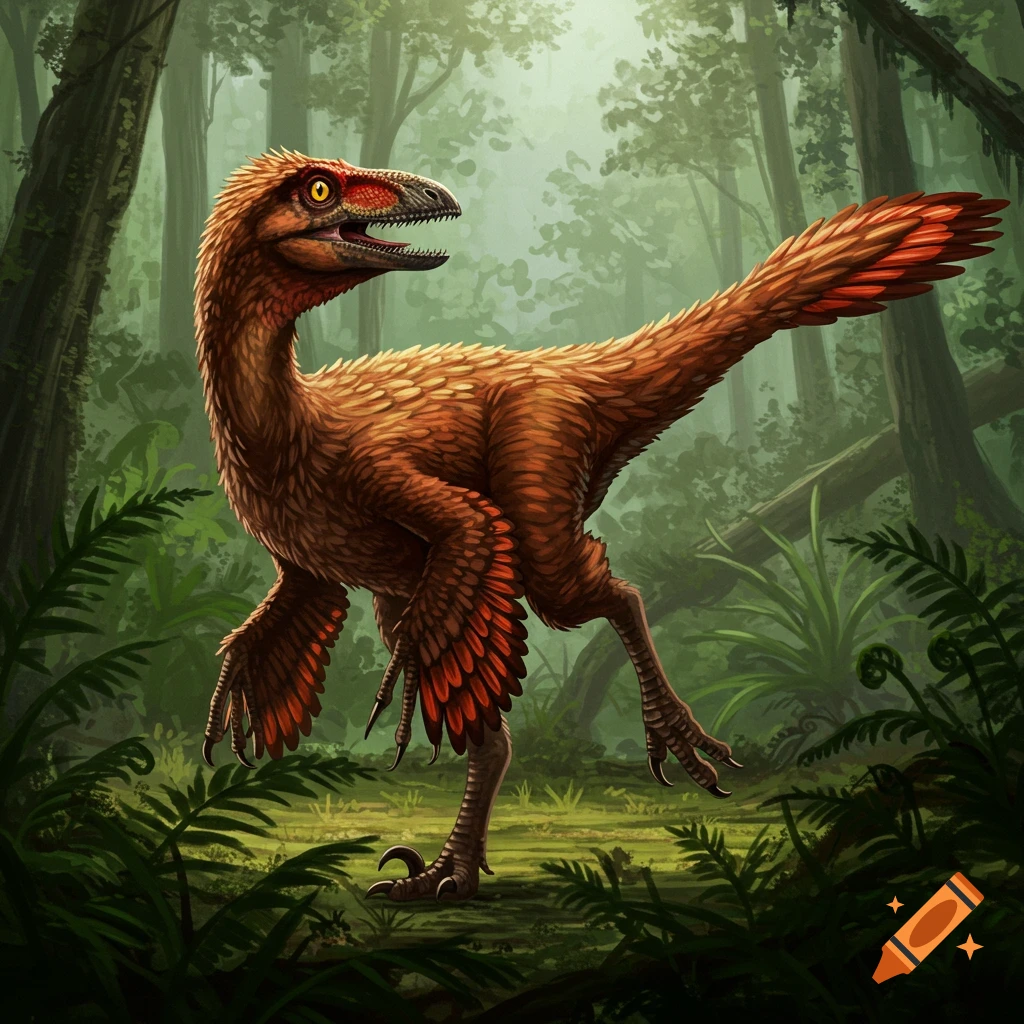 A feathered dinosaur stands in a lush jungle.