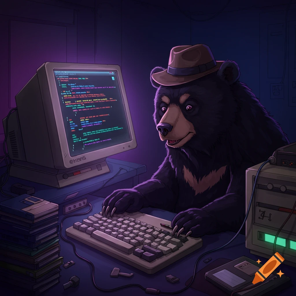 A black bear wearing a hat is using an 80s computer