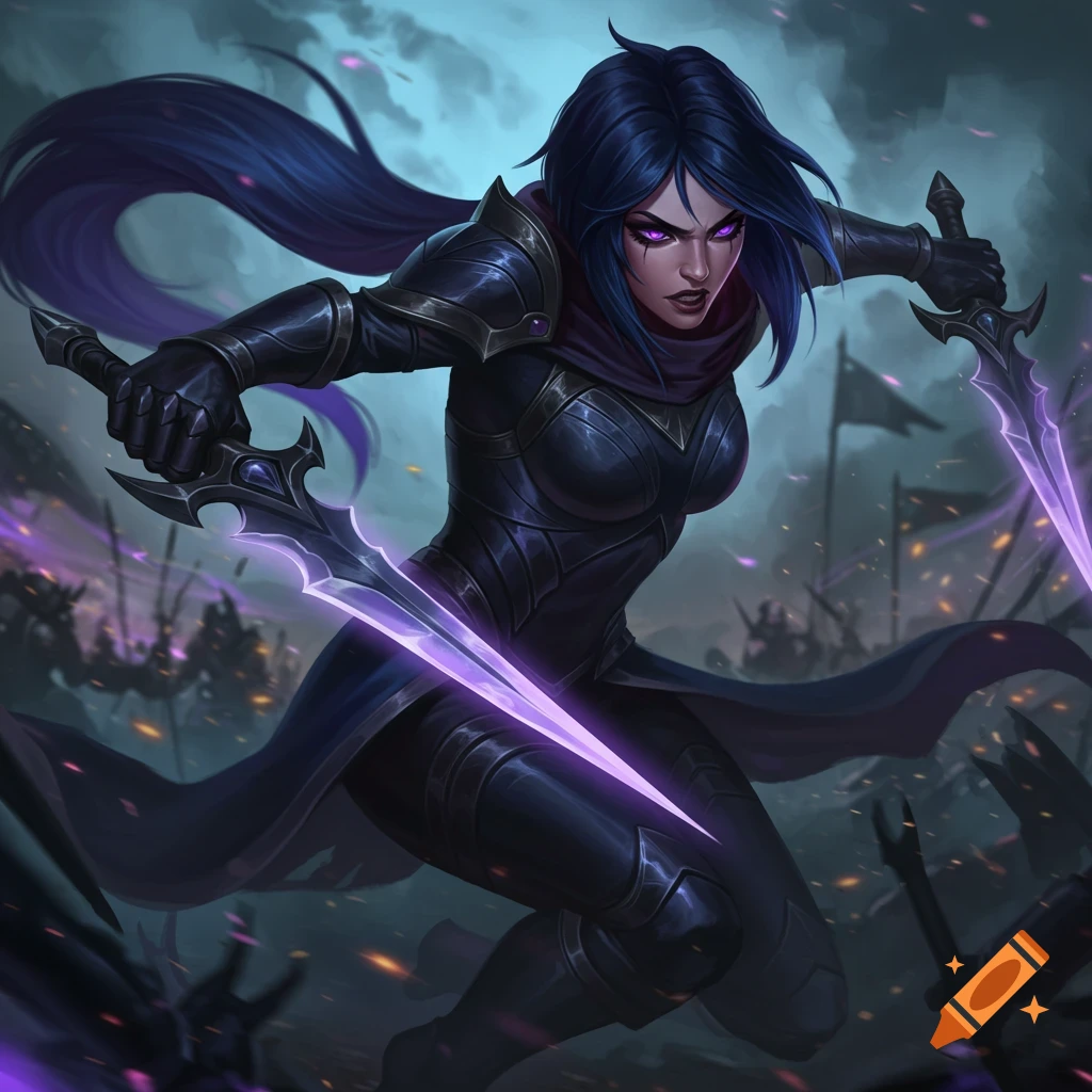 A woman in dark armor holds purple swords on a battlefield.