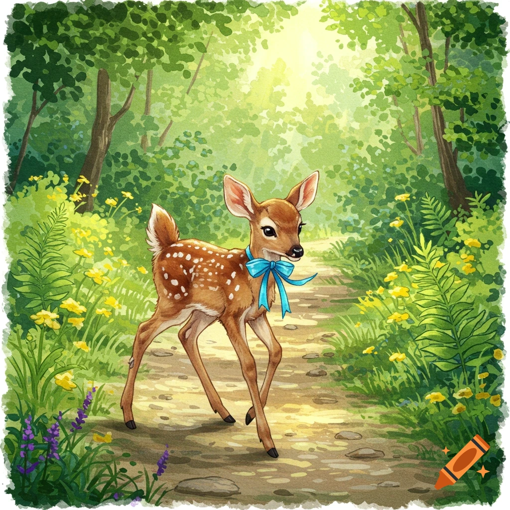 A watercolor illustration of a young fawn wearing a blue ribbon, walking on a path through a sunlit forest.