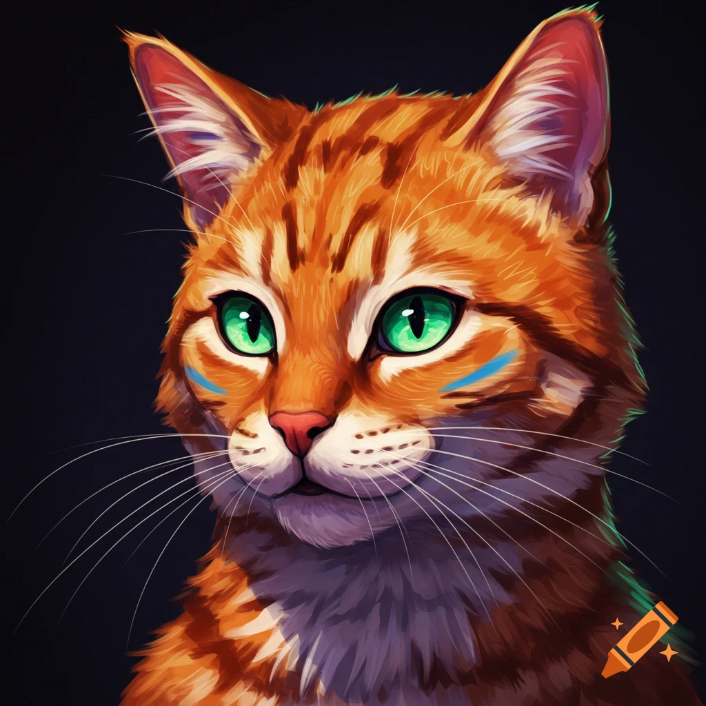 An orange tabby cat headshot with green eyes and blue facial markings.